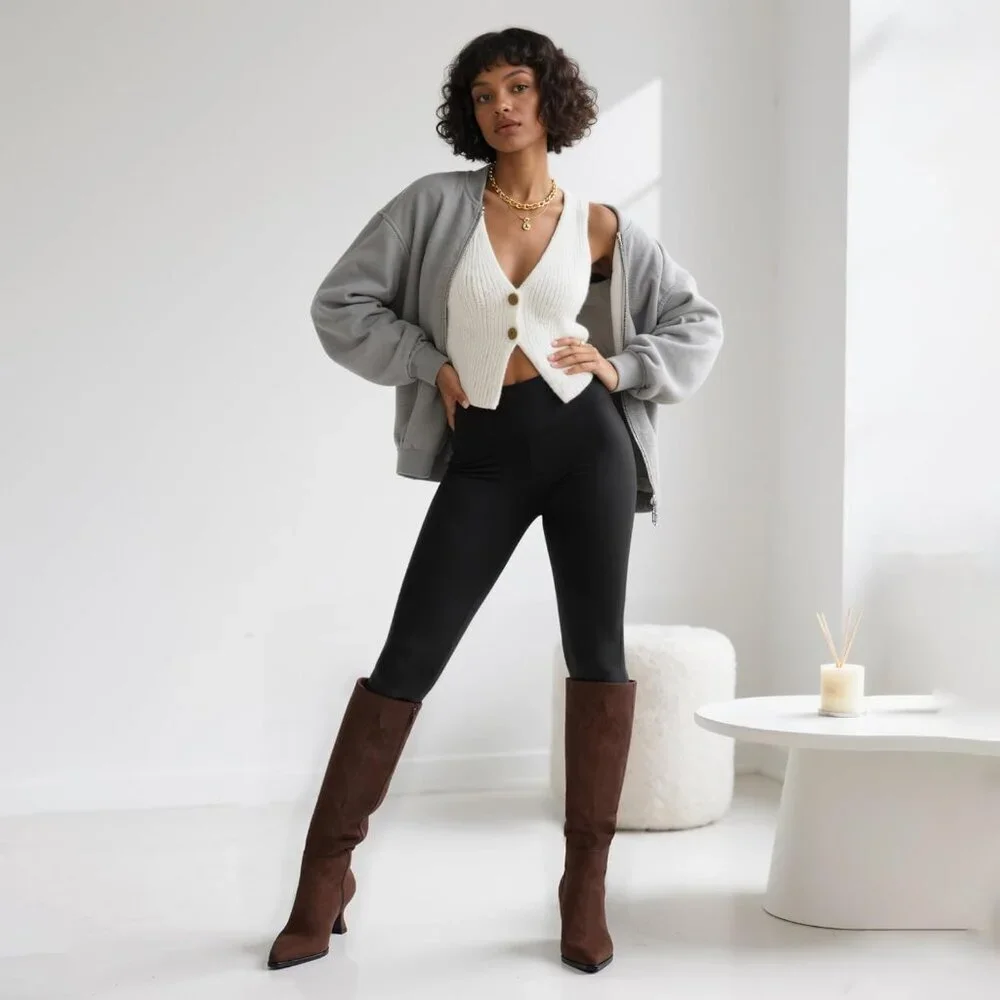 Women's Chocolate Suede Kitten Low Heel Toe Side Zipper Long Tall Knee High Boot